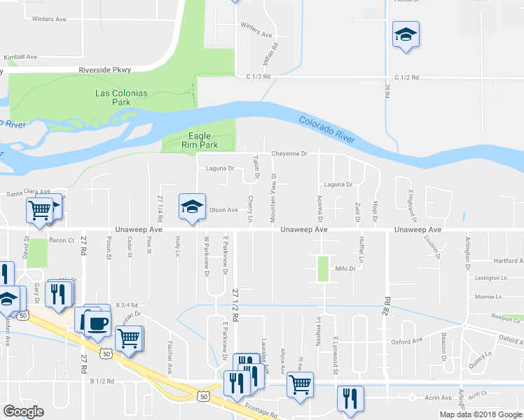 map of restaurants, bars, coffee shops, grocery stores, and more near 2758 Unaweep Avenue in Grand Junction