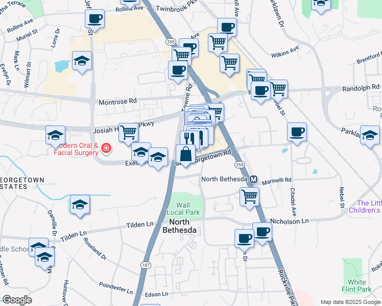 map of restaurants, bars, coffee shops, grocery stores, and more near 11580 Old Georgetown Road in North Bethesda