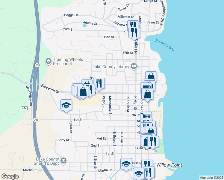 map of restaurants, bars, coffee shops, grocery stores, and more near 670 Eleventh Street in Lakeport