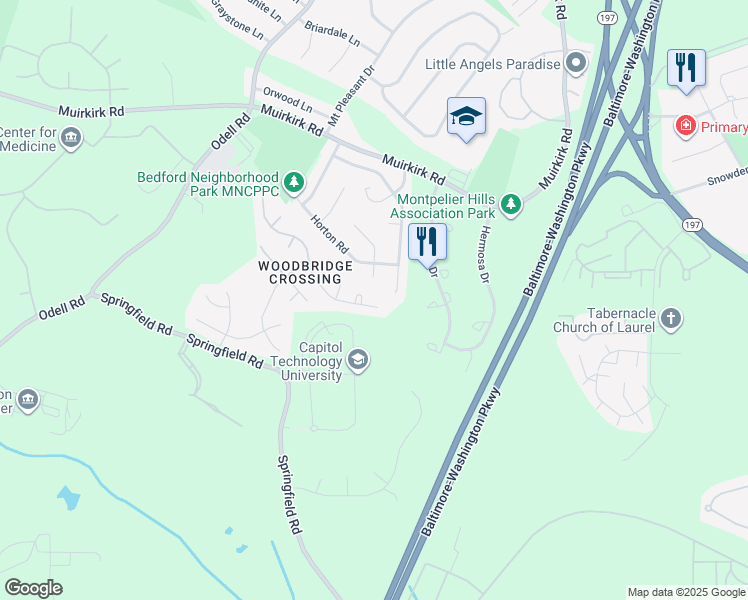 map of restaurants, bars, coffee shops, grocery stores, and more near 8912 Bovelder Drive in Laurel