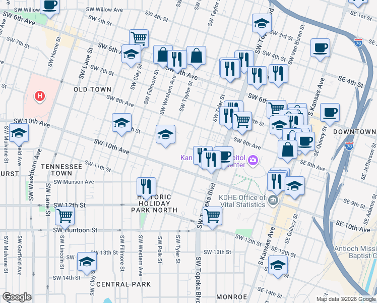 map of restaurants, bars, coffee shops, grocery stores, and more near 623 Southwest 9th Street in Topeka