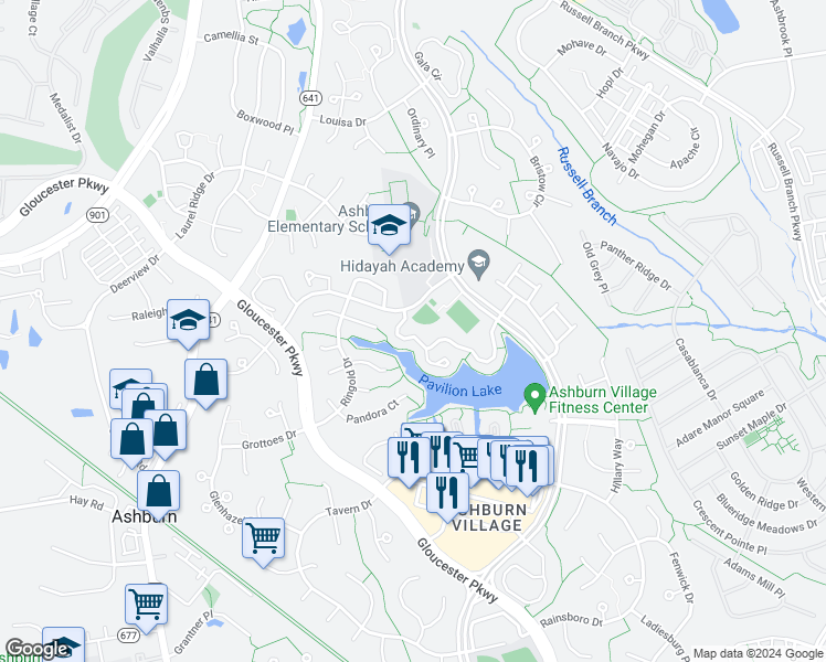 map of restaurants, bars, coffee shops, grocery stores, and more near 44010 Florence Terrace in Ashburn
