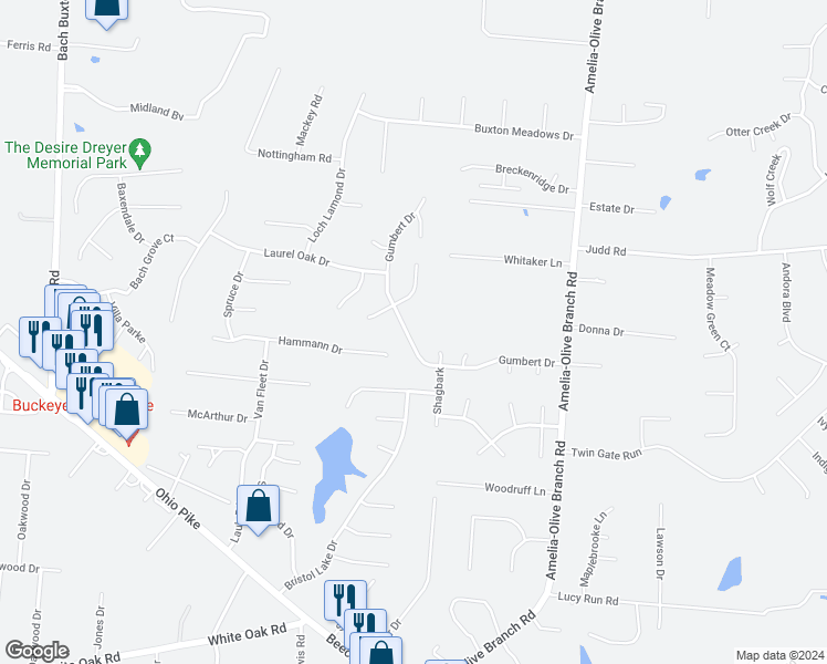 map of restaurants, bars, coffee shops, grocery stores, and more near 1398 Gumbert Drive in Amelia