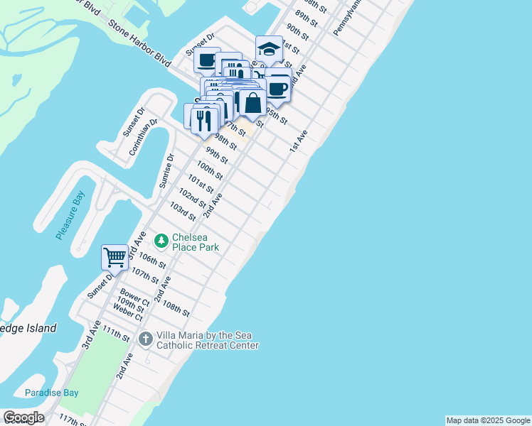 map of restaurants, bars, coffee shops, grocery stores, and more near 57 100th Street in Stone Harbor