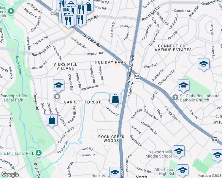 map of restaurants, bars, coffee shops, grocery stores, and more near 3920 Highview Drive in Silver Spring