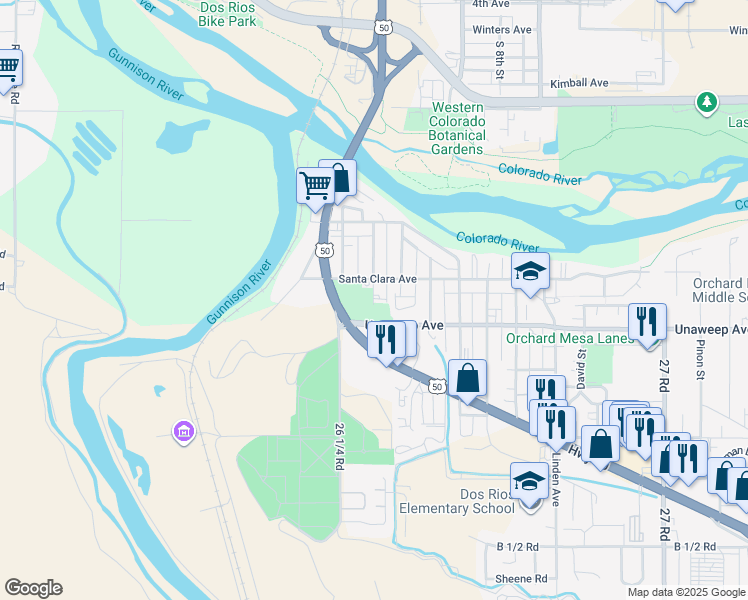 map of restaurants, bars, coffee shops, grocery stores, and more near 1728 Dolores Street in Grand Junction