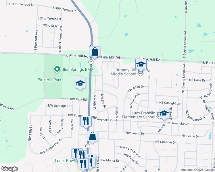 map of restaurants, bars, coffee shops, grocery stores, and more near 422 Northwest Nottingham Lane in Blue Springs