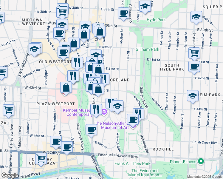 map of restaurants, bars, coffee shops, grocery stores, and more near 200 43rd Street in Kansas City