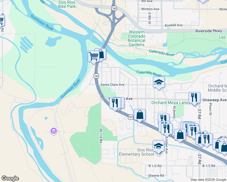 map of restaurants, bars, coffee shops, grocery stores, and more near 1726 Dolores Street in Grand Junction