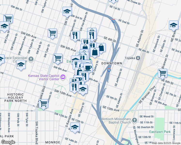 map of restaurants, bars, coffee shops, grocery stores, and more near 723 Southeast Quincy Street in Topeka