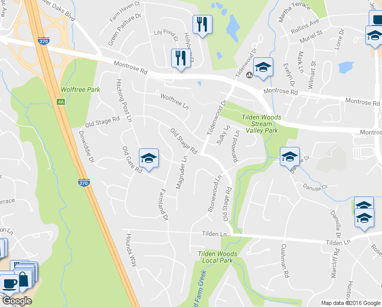 map of restaurants, bars, coffee shops, grocery stores, and more near 11813 Magruder Lane in Rockville
