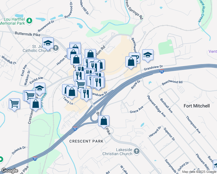 map of restaurants, bars, coffee shops, grocery stores, and more near 2388 Grandview Drive in Fort Mitchell