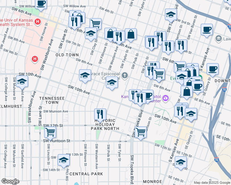 map of restaurants, bars, coffee shops, grocery stores, and more near 800 Southwest 10th Street in Topeka