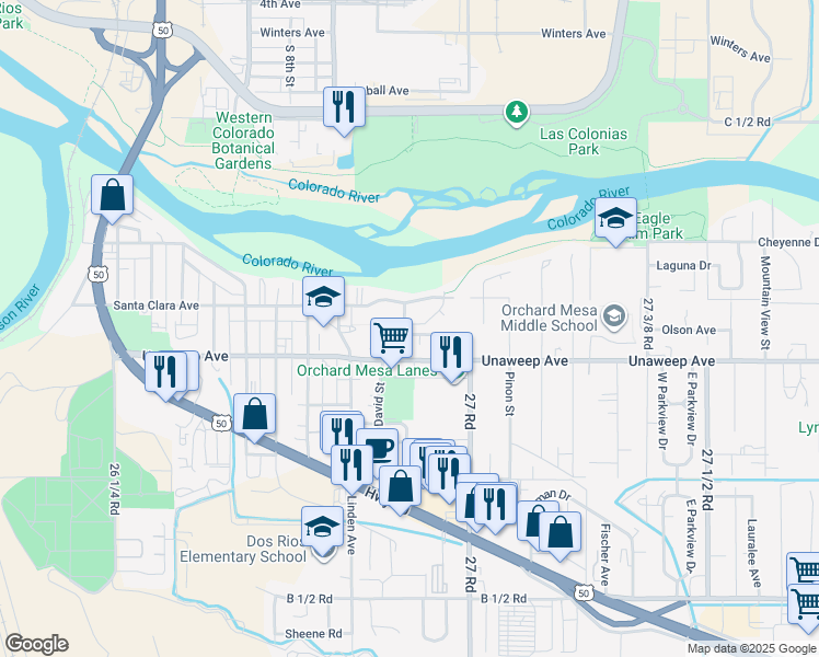 map of restaurants, bars, coffee shops, grocery stores, and more near 1101-1161 Olson Avenue in Grand Junction