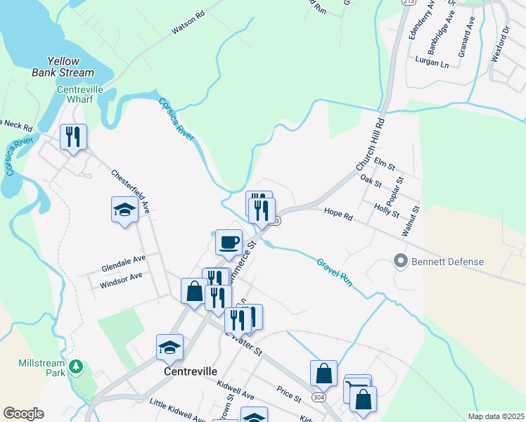 map of restaurants, bars, coffee shops, grocery stores, and more near 507 Church Hill Road in Centreville