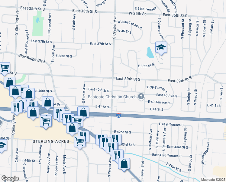 map of restaurants, bars, coffee shops, grocery stores, and more near 3930 South Crysler Avenue in Independence