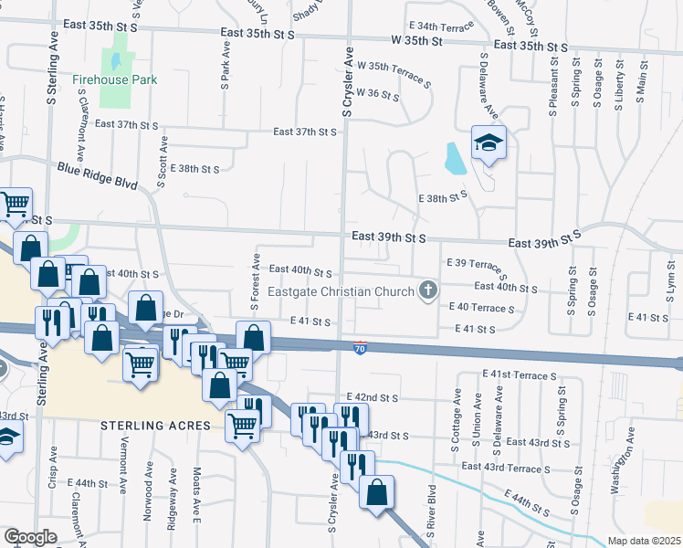 map of restaurants, bars, coffee shops, grocery stores, and more near 3930 South Crysler Avenue in Independence