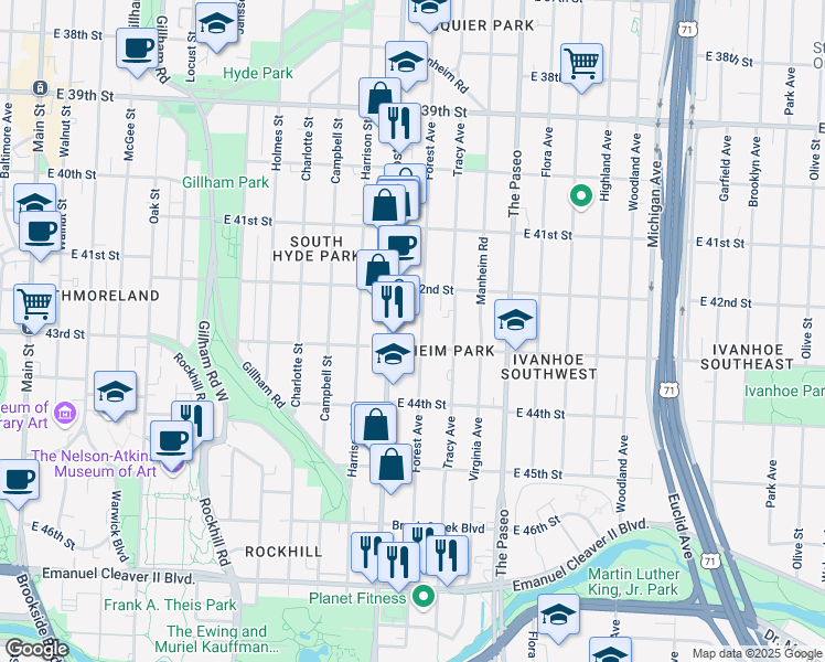 map of restaurants, bars, coffee shops, grocery stores, and more near 4229 Troost Avenue in Kansas City