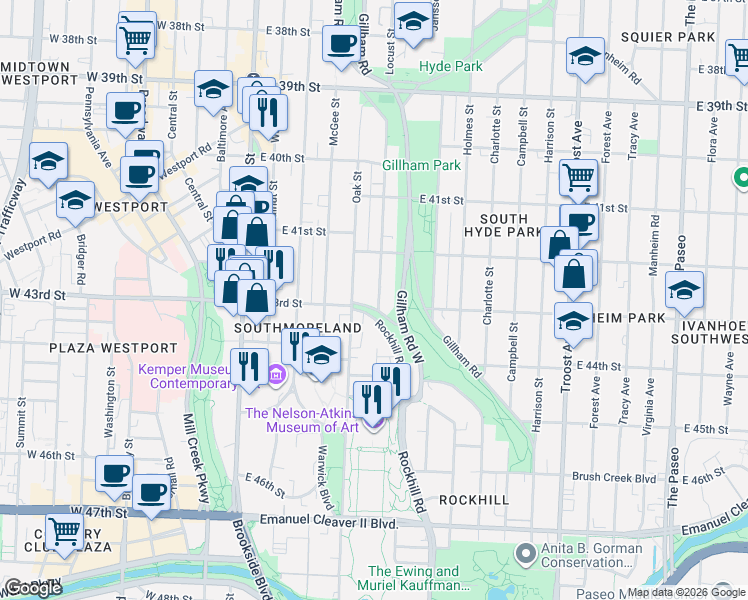 map of restaurants, bars, coffee shops, grocery stores, and more near 4236 Locust Street in Kansas City