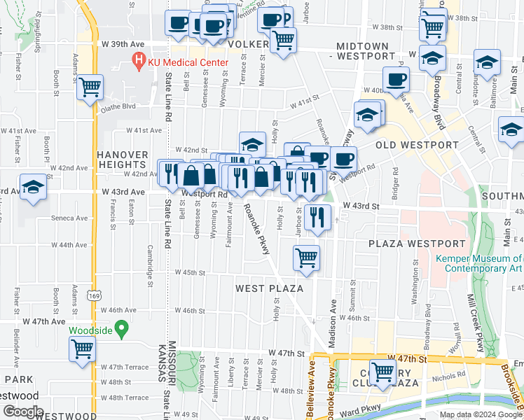 map of restaurants, bars, coffee shops, grocery stores, and more near 4311 Roanoke Parkway in Kansas City