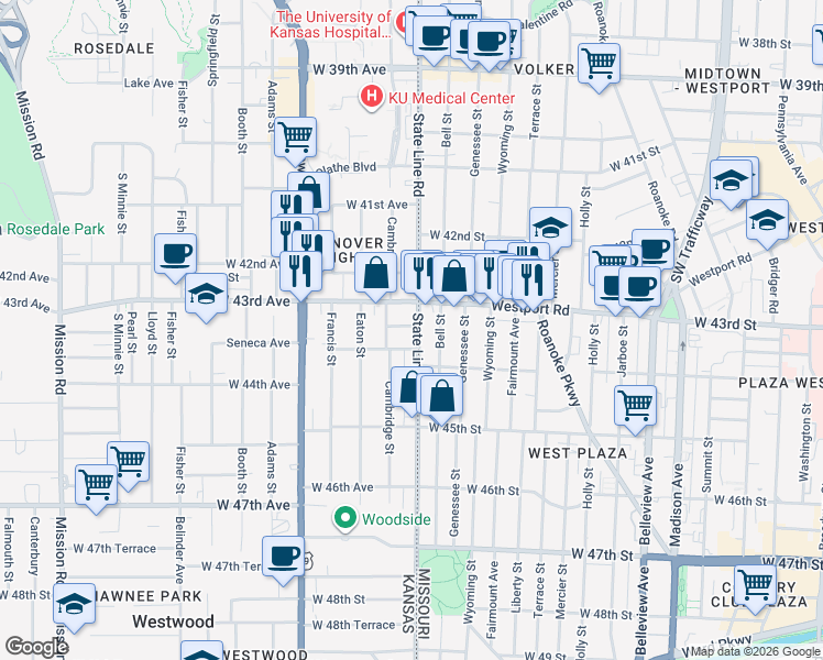 map of restaurants, bars, coffee shops, grocery stores, and more near 1901 West 43rd Place in Kansas City