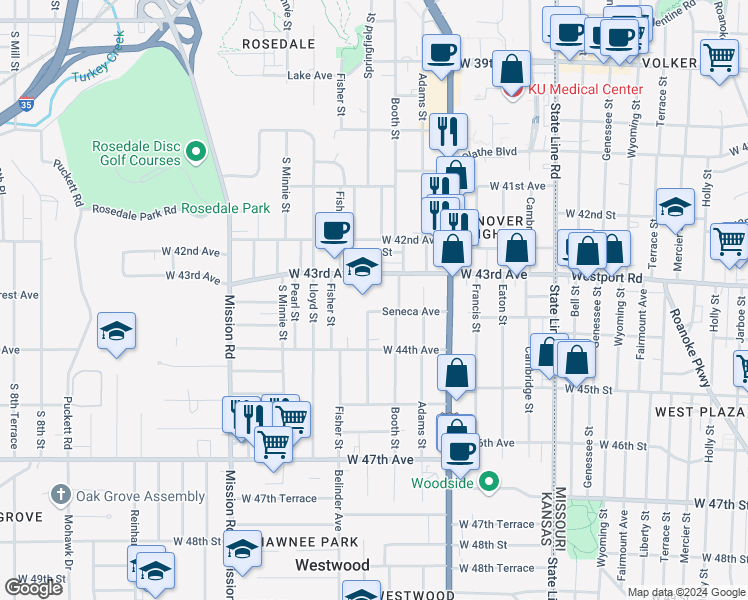 map of restaurants, bars, coffee shops, grocery stores, and more near 2605 West 43rd Avenue in Kansas City