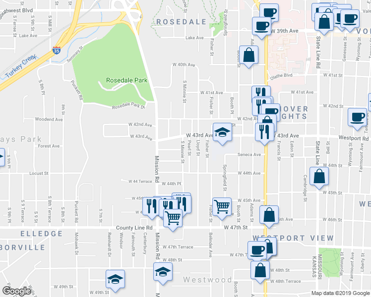 map of restaurants, bars, coffee shops, grocery stores, and more near 4314 Pearl Street in Kansas City