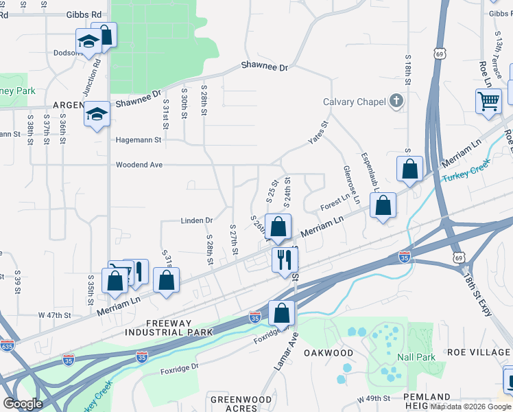 map of restaurants, bars, coffee shops, grocery stores, and more near 2900 South 26th Street in Kansas City