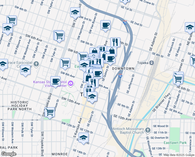map of restaurants, bars, coffee shops, grocery stores, and more near 723 Southeast Quincy Street in Topeka