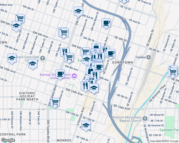 map of restaurants, bars, coffee shops, grocery stores, and more near 756 Southwest Jackson Street in Topeka
