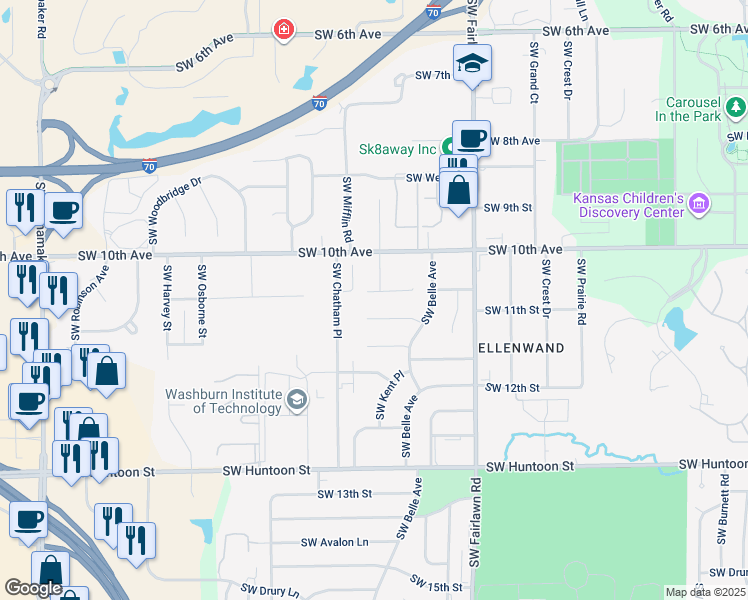 map of restaurants, bars, coffee shops, grocery stores, and more near 5407 SW Reeder St in Topeka