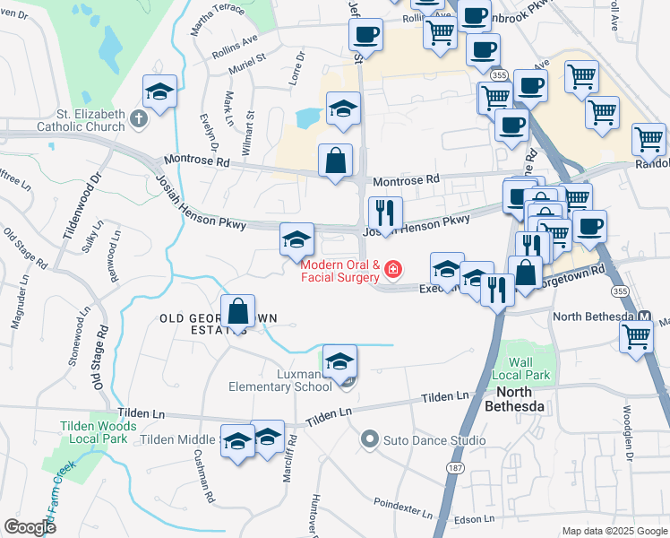 map of restaurants, bars, coffee shops, grocery stores, and more near 2115 East Jefferson Street in Rockville
