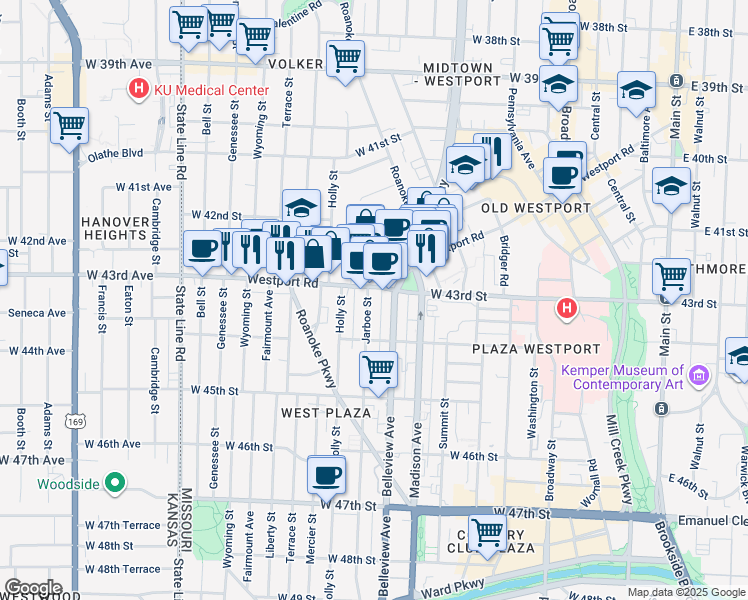 map of restaurants, bars, coffee shops, grocery stores, and more near 4309 Jarboe Street in Kansas City