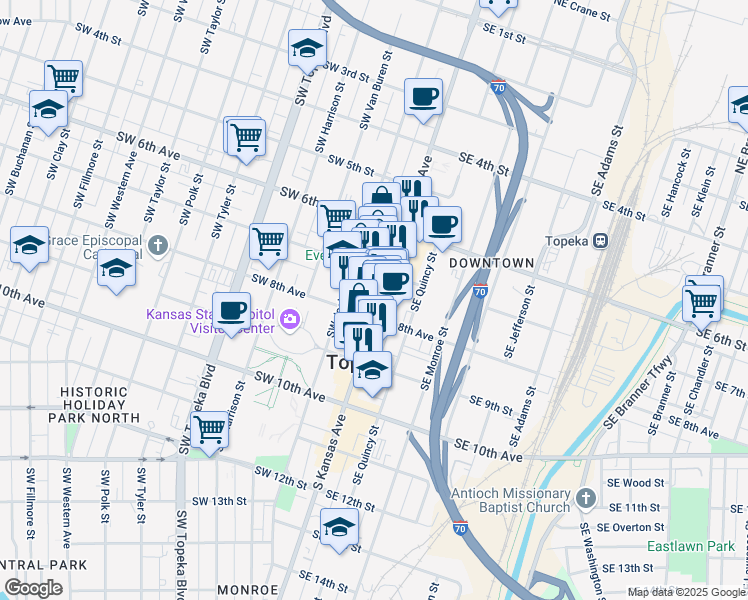 map of restaurants, bars, coffee shops, grocery stores, and more near 725 South Kansas Avenue in Topeka