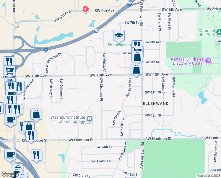 map of restaurants, bars, coffee shops, grocery stores, and more near 5407 Southwest Reeder Street in Topeka