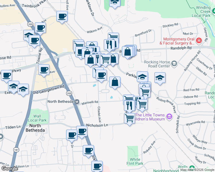 map of restaurants, bars, coffee shops, grocery stores, and more near 5401 McGrath Boulevard in North Bethesda