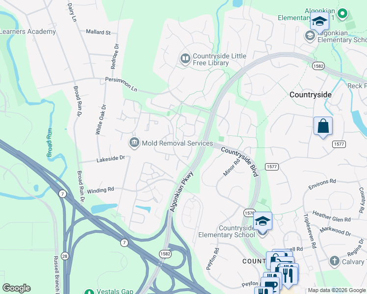 map of restaurants, bars, coffee shops, grocery stores, and more near 16 Palmer Court in Sterling