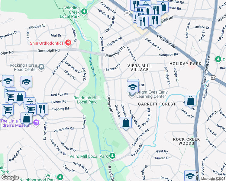 map of restaurants, bars, coffee shops, grocery stores, and more near 11808 Goodloe Road in Silver Spring