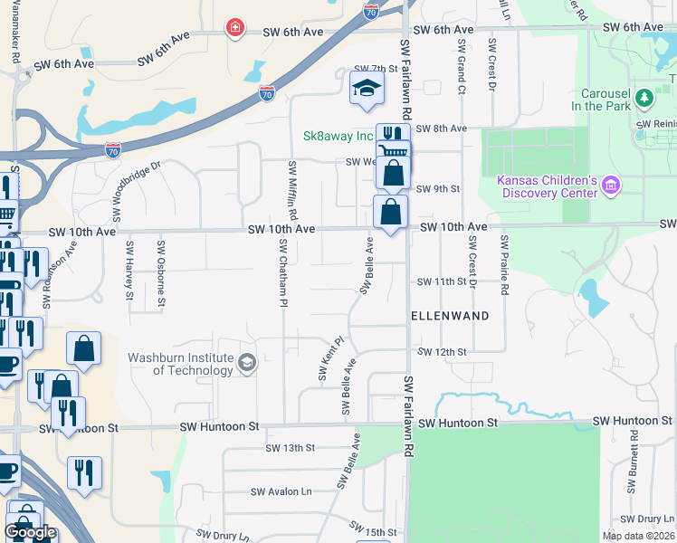 map of restaurants, bars, coffee shops, grocery stores, and more near 5323 Southwest Reeder Street in Topeka