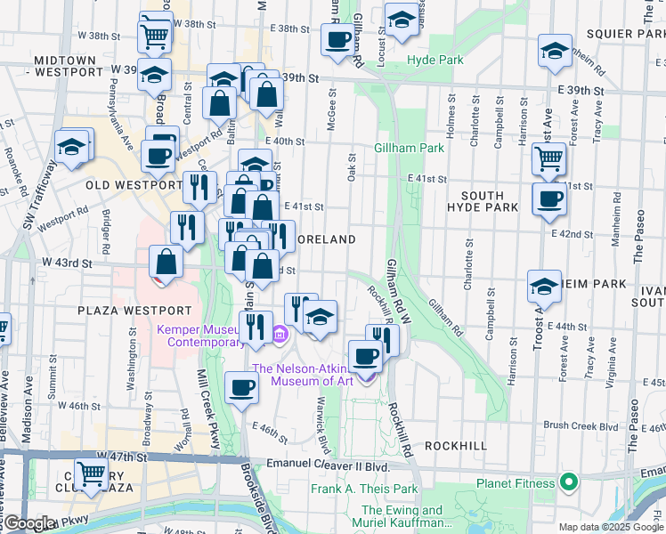 map of restaurants, bars, coffee shops, grocery stores, and more near 304 43rd Street in Kansas City