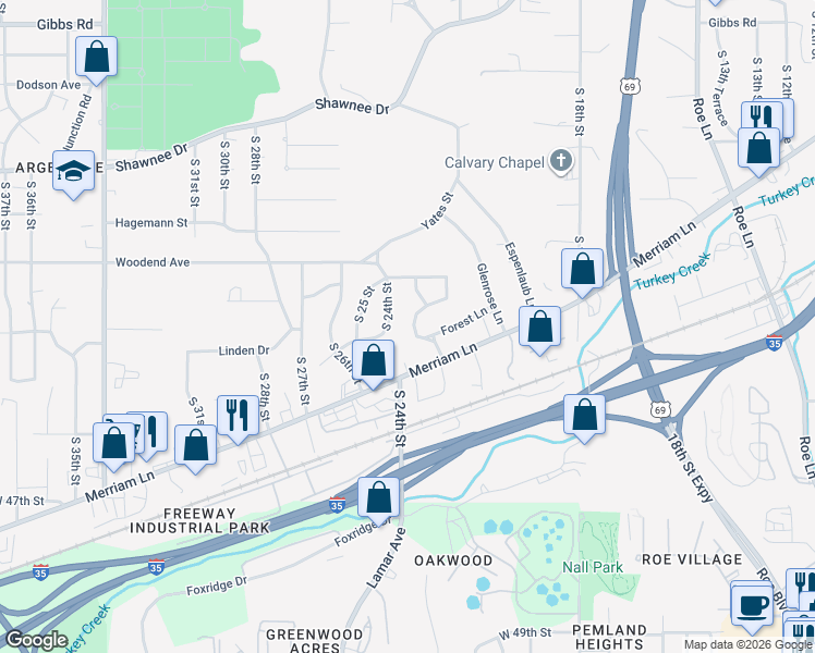 map of restaurants, bars, coffee shops, grocery stores, and more near 2900 South 23rd Street in Kansas City
