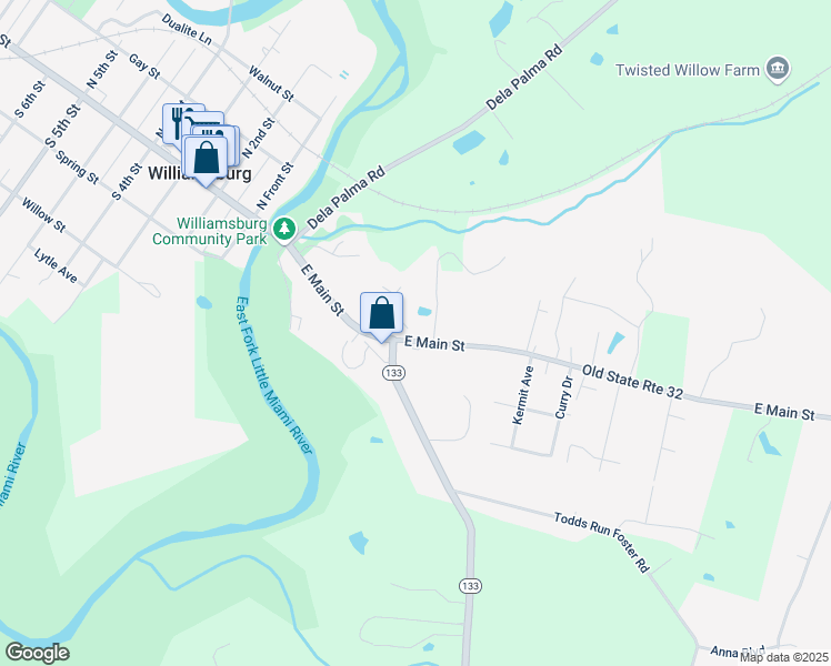 map of restaurants, bars, coffee shops, grocery stores, and more near 485 East Main Street in Williamsburg