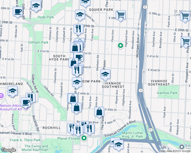 map of restaurants, bars, coffee shops, grocery stores, and more near 4229 Manheim Road in Kansas City