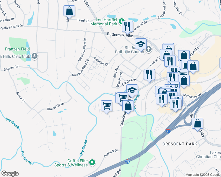 map of restaurants, bars, coffee shops, grocery stores, and more near 2554 Enid Avenue in Crescent Springs