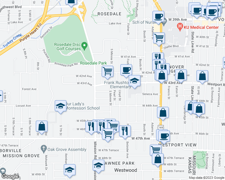 map of restaurants, bars, coffee shops, grocery stores, and more near 4314 Pearl Street in Kansas City
