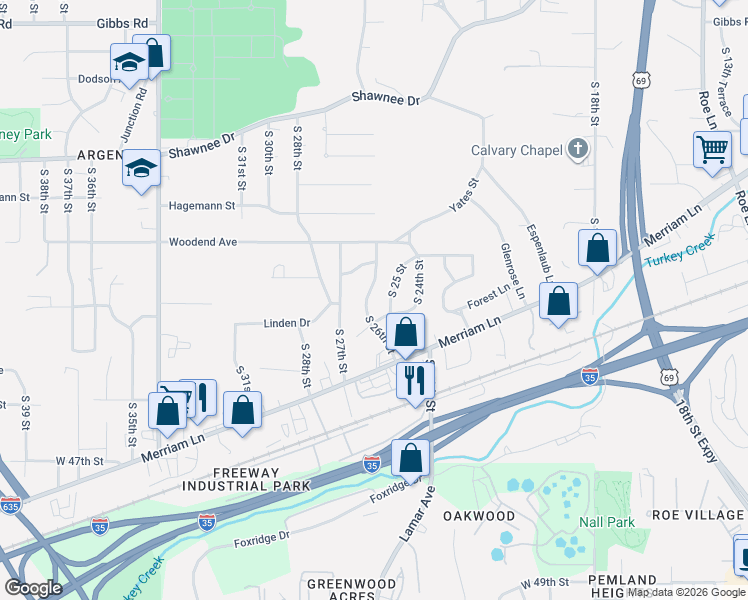 map of restaurants, bars, coffee shops, grocery stores, and more near 2900 South 26th Street in Kansas City