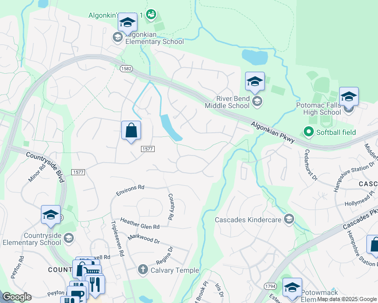 map of restaurants, bars, coffee shops, grocery stores, and more near 69 Rutherford Circle in Sterling