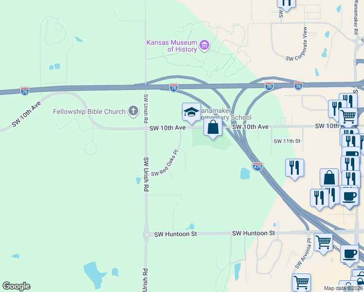 map of restaurants, bars, coffee shops, grocery stores, and more near 1036 Southwest Red Oaks Court in Topeka