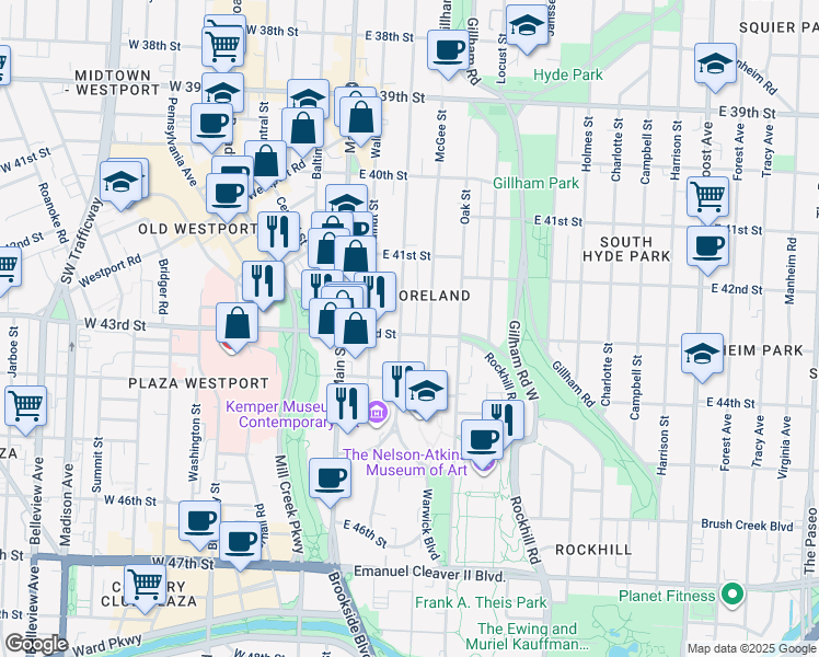 map of restaurants, bars, coffee shops, grocery stores, and more near 200 43rd Street in Kansas City