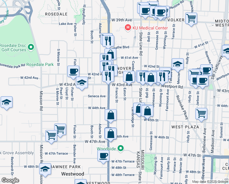 map of restaurants, bars, coffee shops, grocery stores, and more near 4312 Francis Street in Kansas City